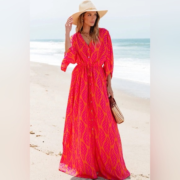 Drawstring Printed V-Neck Maxi Dress - Picture 3 of 6